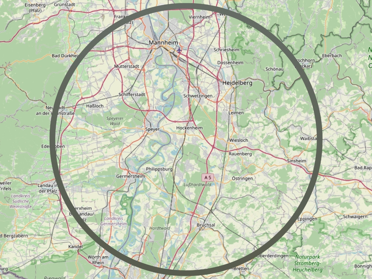 Kartenausschnitt mit den Städten Mannheim, Heidelberg, Speyer und Umgebung, umgeben von einem dicken grauen Kreis