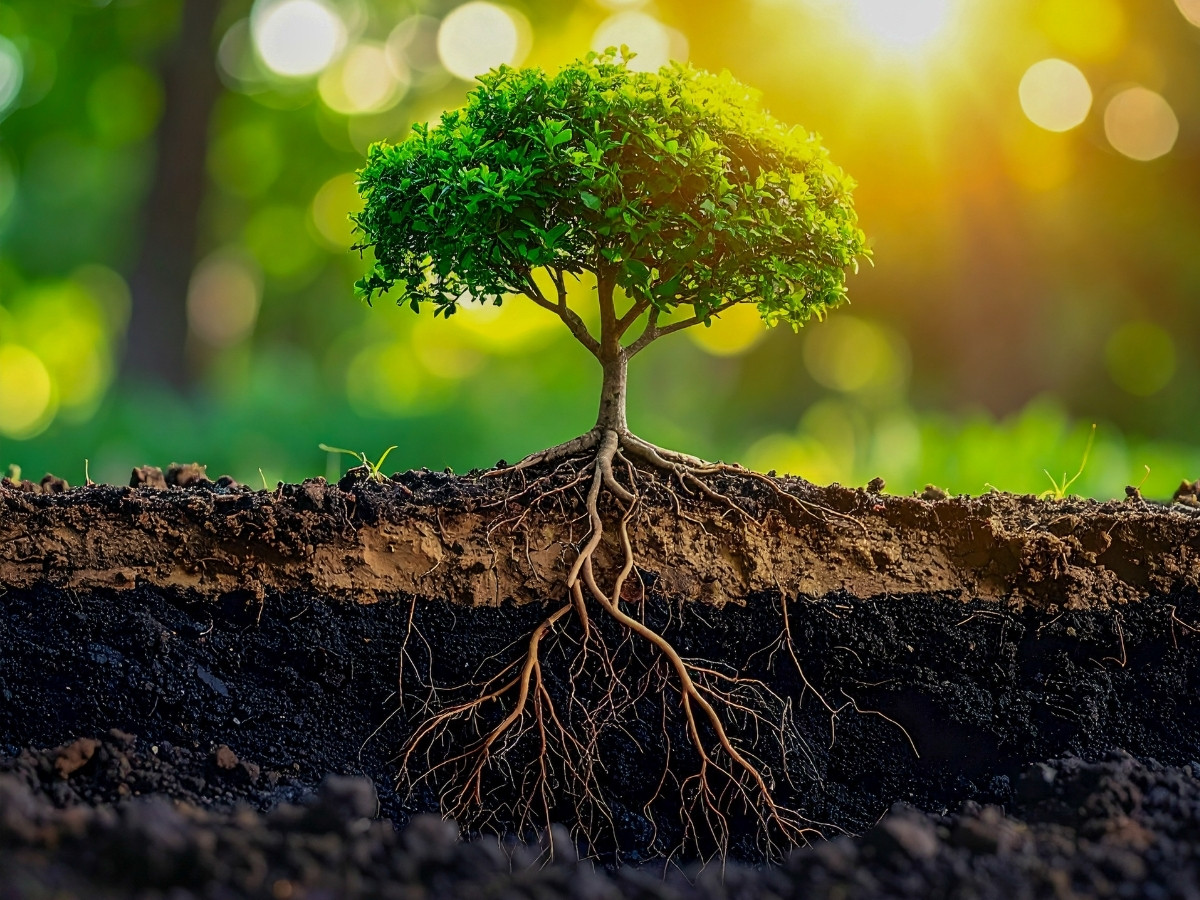 Kleiner Baum mit dichtem grünen Laub und sichtbaren Wurzeln im dunklen Boden, unscharfer Hintergrund mit Sonnenlicht.